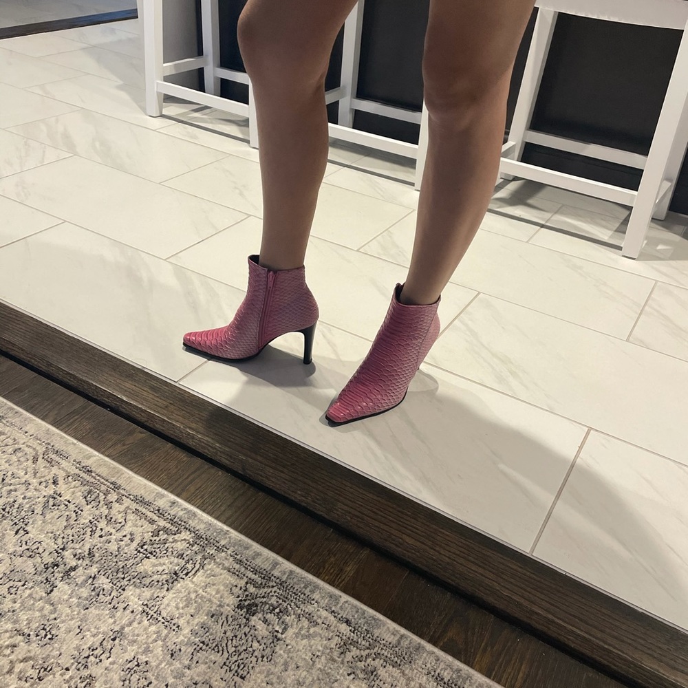 Pink Python-Embossed Leather Ankle Boots - Picture 4 of 10